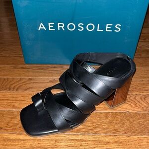 Aerosoles Black Leather Harley Heel Sandals Gladiator Straps Women’s Size 10